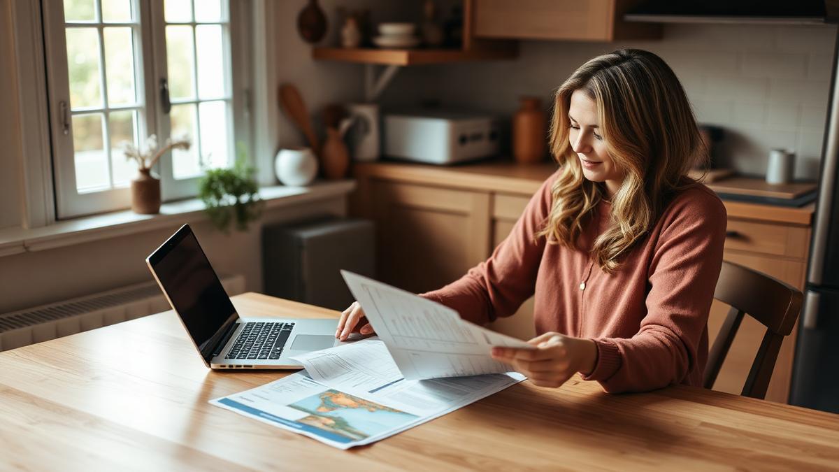 Woman comparing travel planning app options at kitchen table