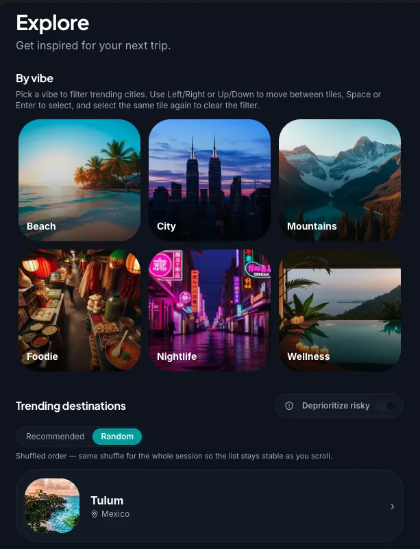 Pantalla de exploración con ambientes de destino y ciudades en tendencia