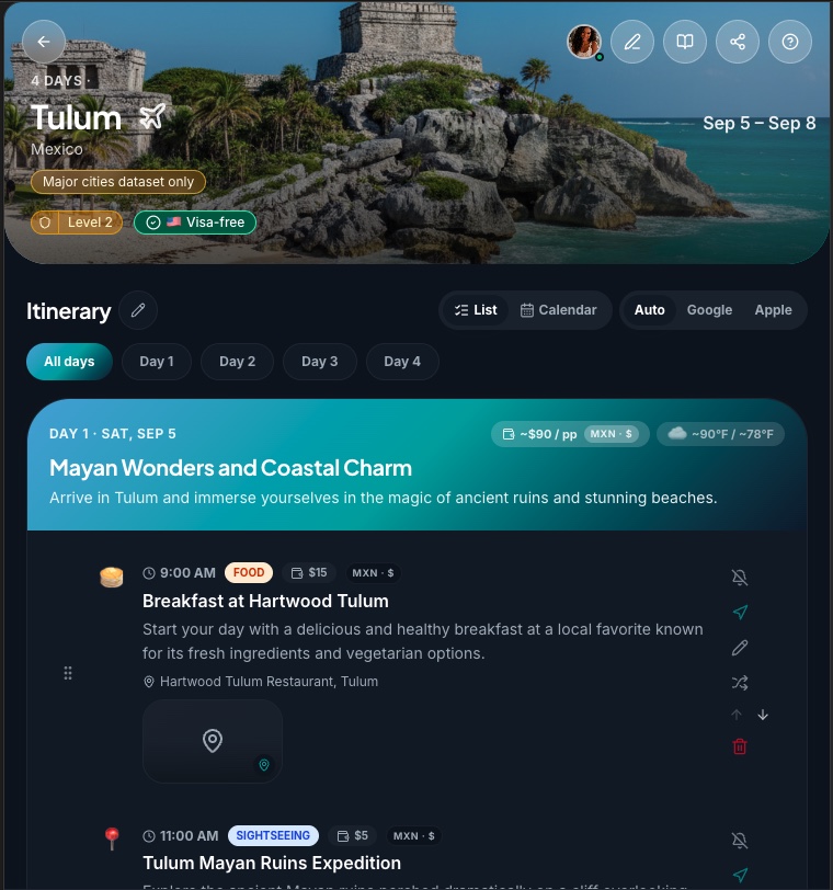 Tarjeta de itinerario generada automáticamente por Planytera mostrando un día en Tulum con paradas, horarios, costos y una vista previa del mapa