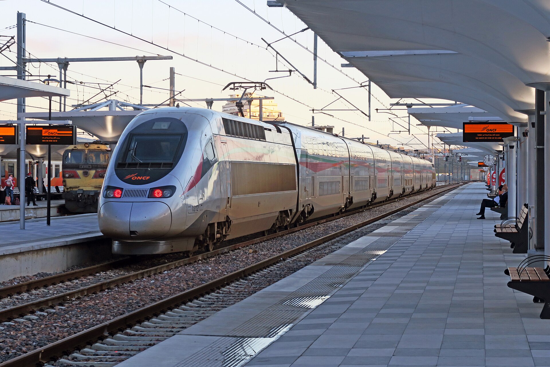 An Al Boraq high speed train standing at the platform at Tanger Ville railway station in Morocco.