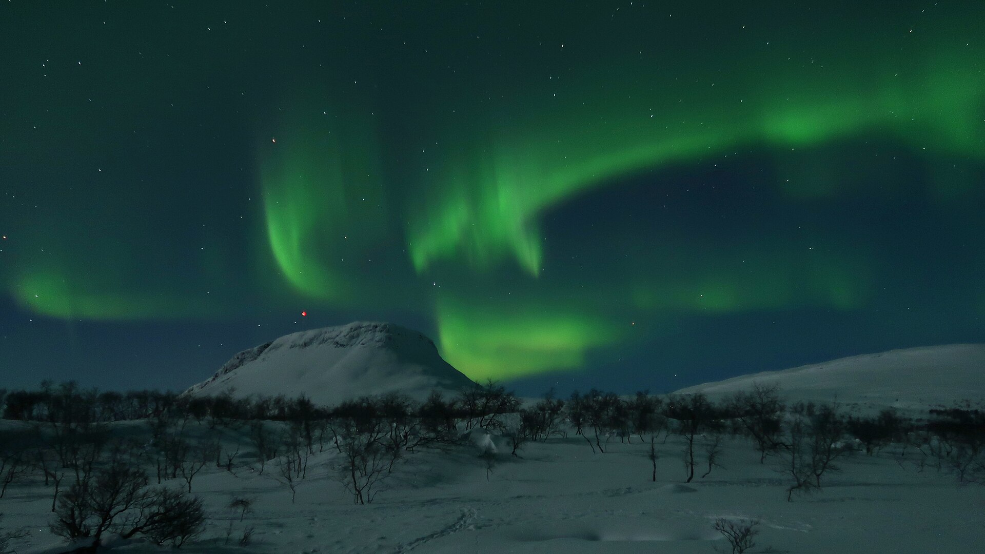 Green northern lights arcing over the snow-covered Saana fell in Finnish Lapland under a dark starry sky.