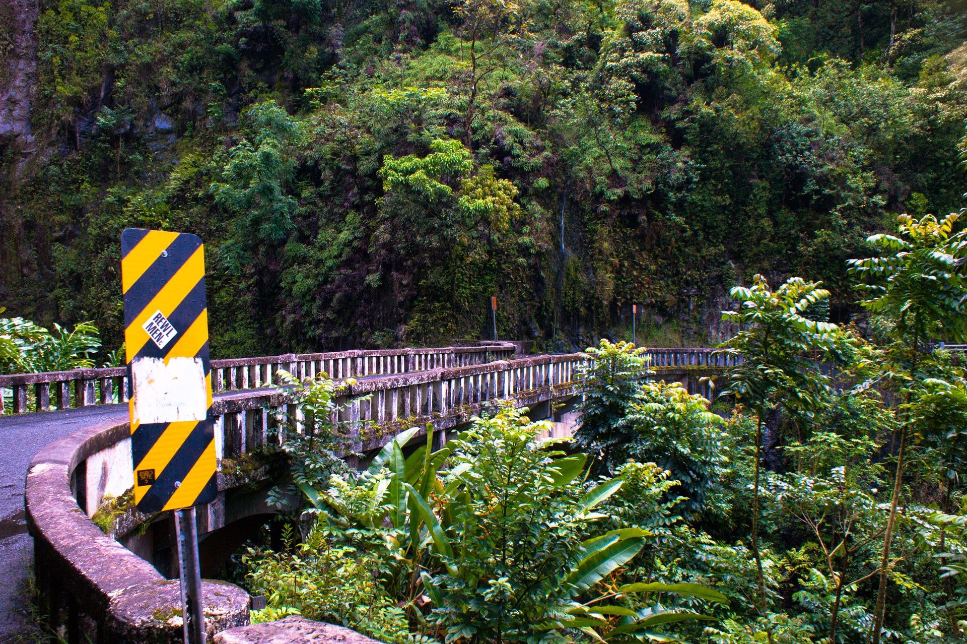 One of the Hāna Highway's one-lane bridges, concrete railings framing a narrow single-vehicle crossing over a forested gulch.