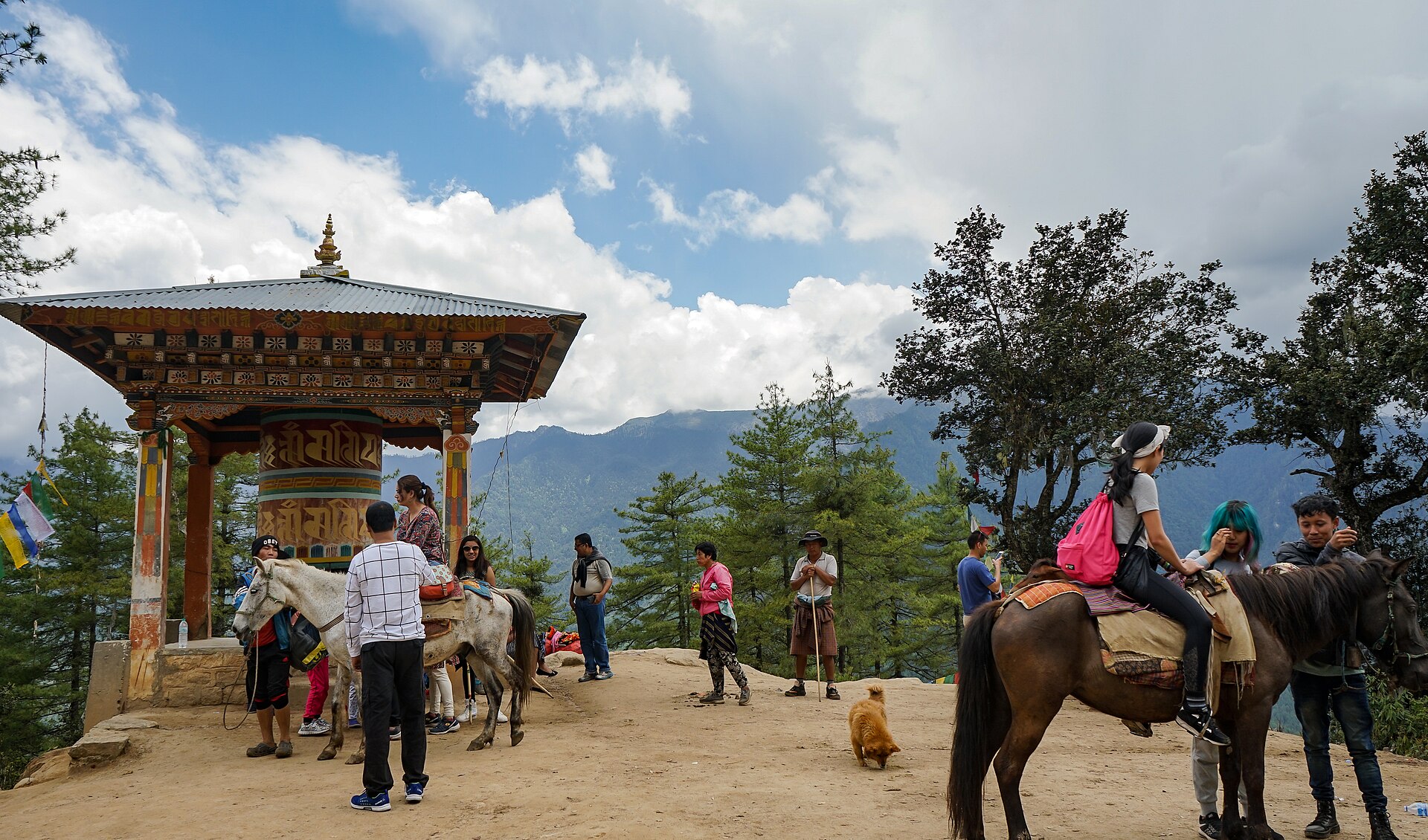 Paro Taktsang monastery clinging to a cliff face high above the Paro valley in Bhutan, with forested hillsides below.