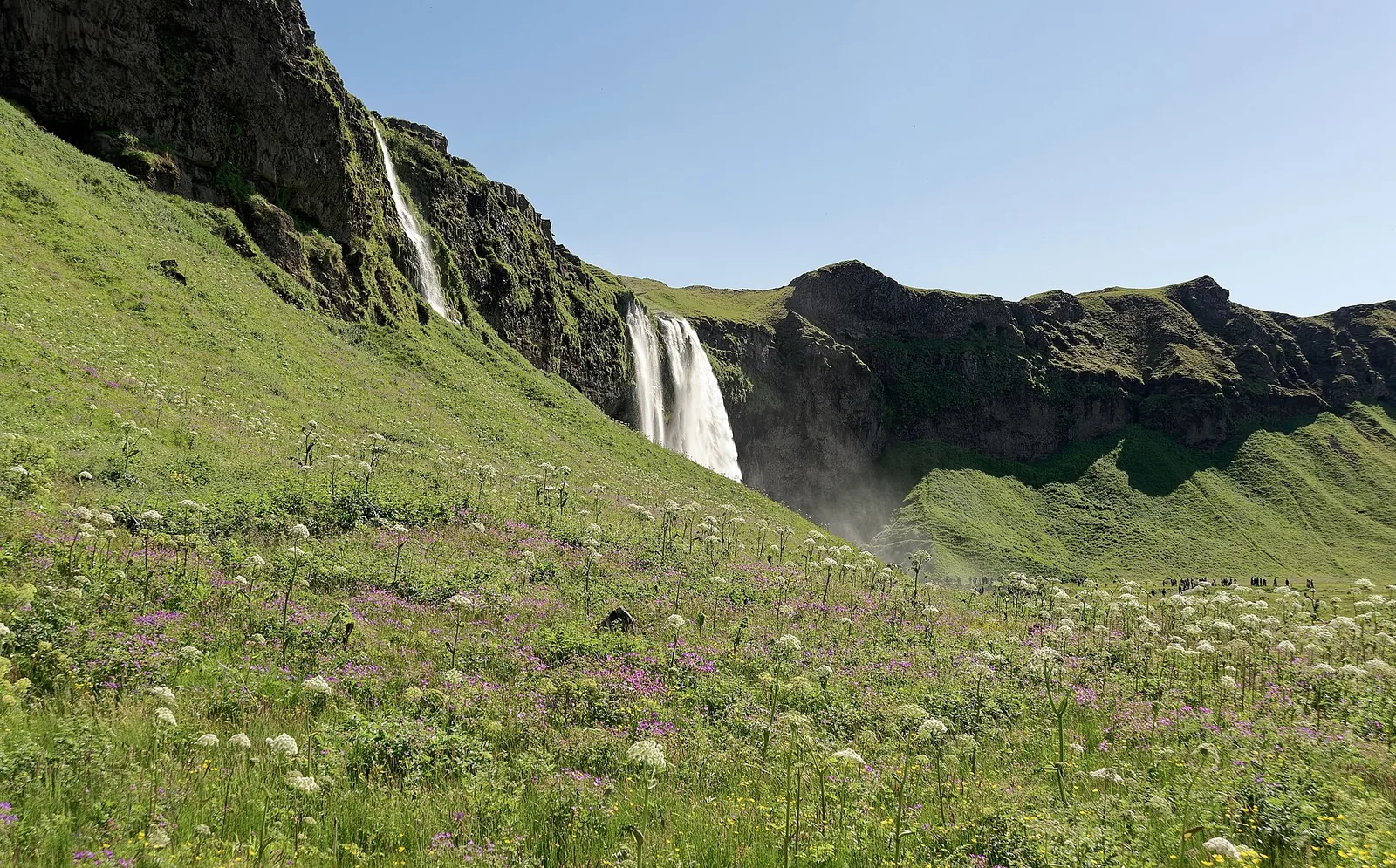 Seljalandsfoss waterfall in Iceland falling over a cliff into a pool, with a footpath leading around behind the curtain of water.