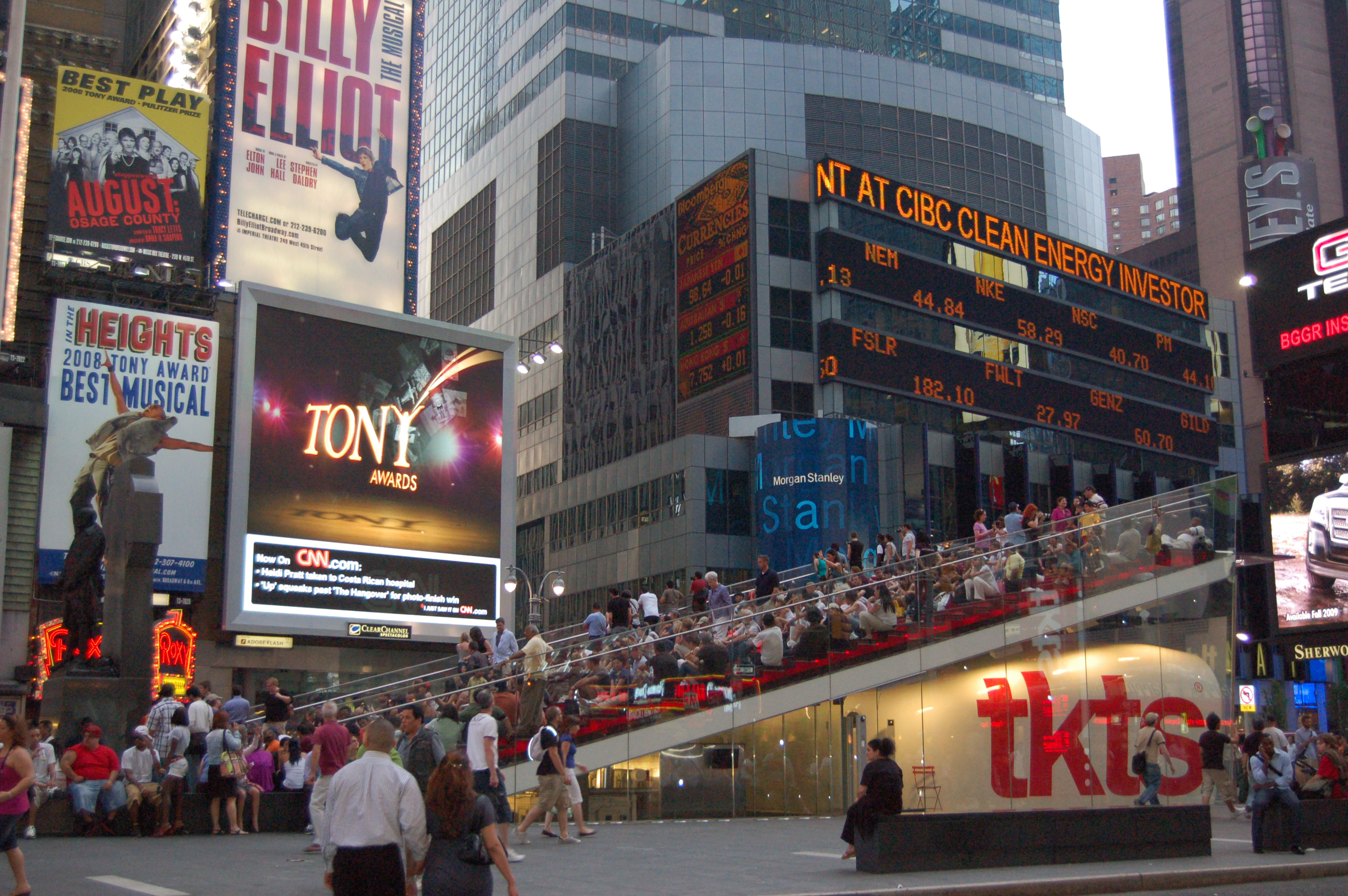 The TKTS discount booth at Times Square, where visitors queue for same-day Broadway tickets.