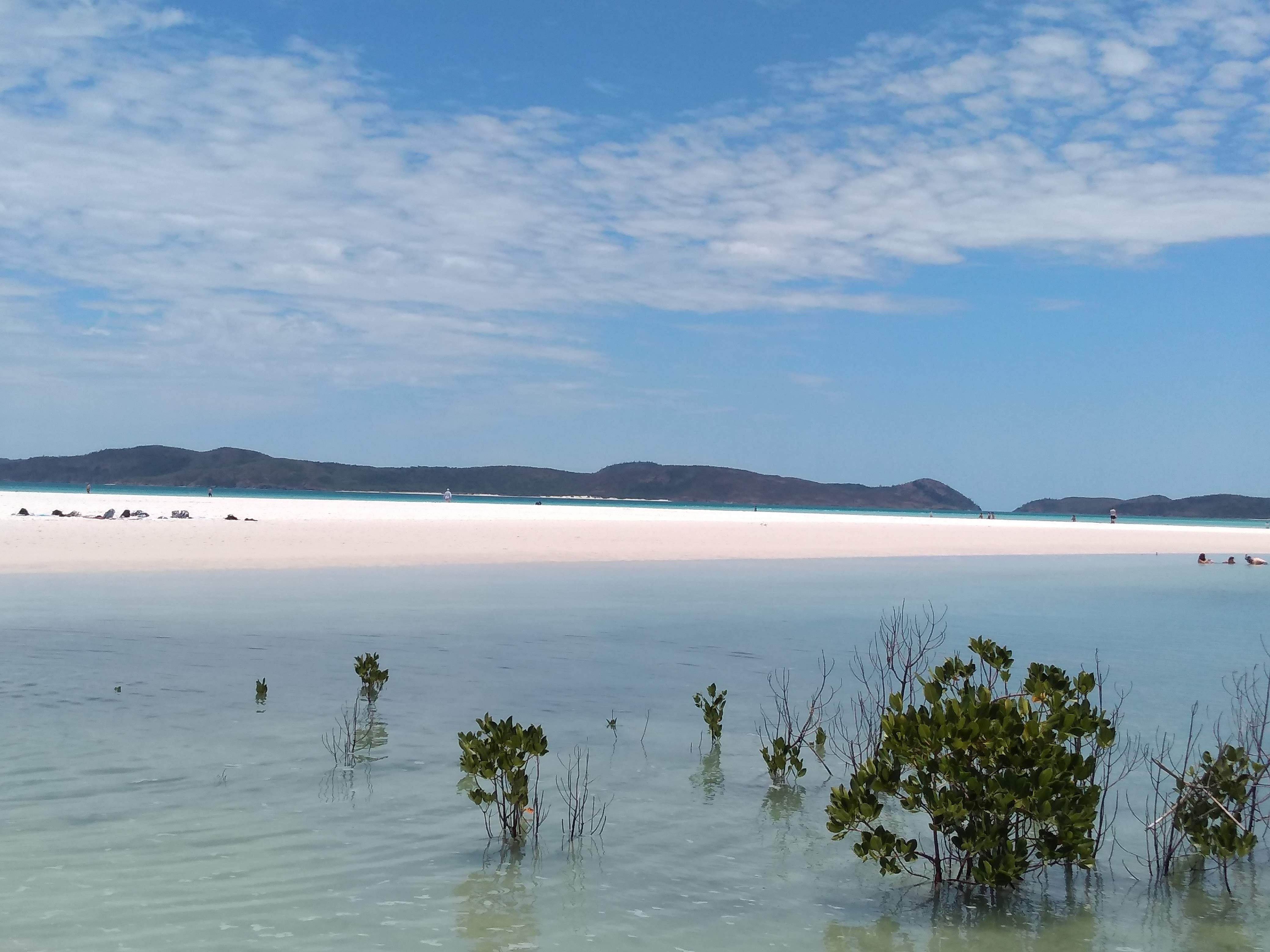 Whitehaven Beach on Whitsunday Island, its white silica sand meeting turquoise water.